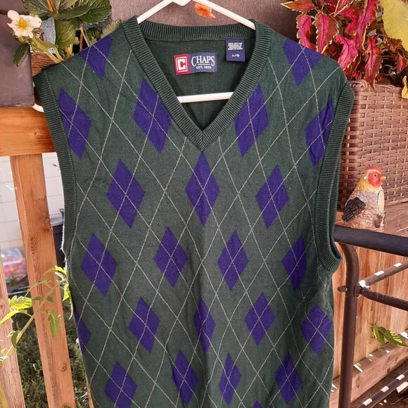 Men's Chaps Pullover Sweater Vest Green Plaid 100% Cotton Size L - Picture 2 of 6